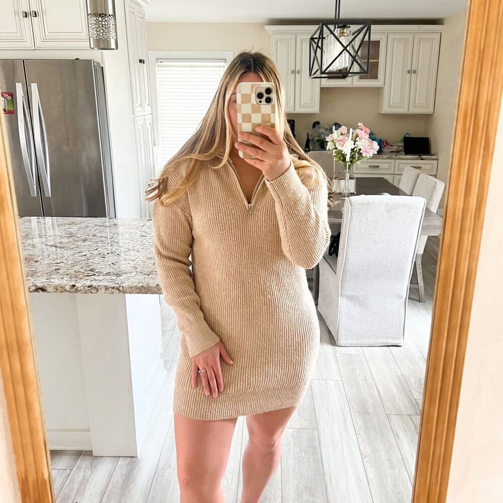 Old Navy Beige Quarter Zip Sweater Dress Long Sleeve Mini Women's S